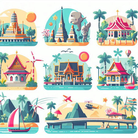 Thailand travel flat icons set with landmarks and attractions isolated vector illustrationのイラスト素材