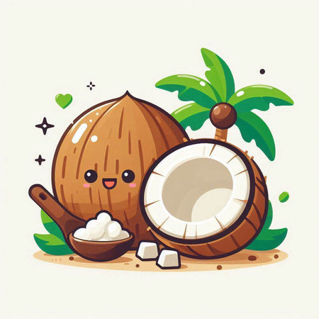 Cute cartoon coconut character with coconut oil and palm tree. Vector illustration.のイラスト素材