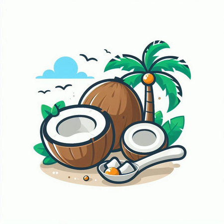 Coconut and coconut flakes on the beach. Vector illustration.のイラスト素材
