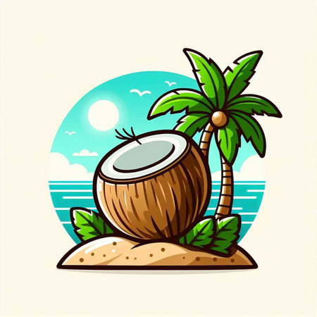 Coconut on the beach with palm trees. Vector illustration.のイラスト素材