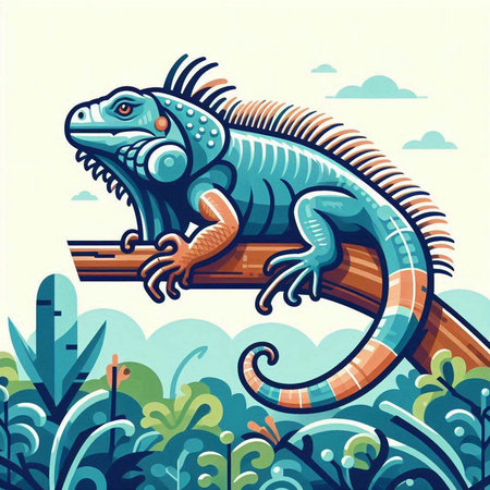 Vector illustration of iguana on a branch in the jungle. Cartoon style.のイラスト素材