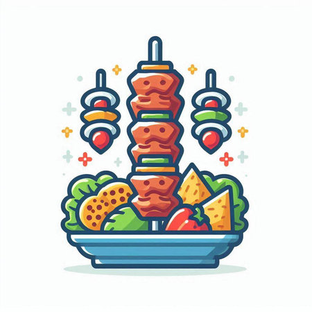 Shish kebab on skewers with vegetables. Vector illustration.のイラスト素材