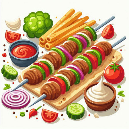 Shish kebab isometric composition with vegetables on skewers isolated vector illustrationのイラスト素材