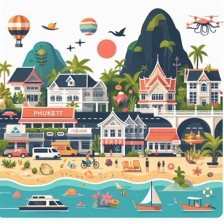 Landscape of tropical island. Vector illustration in flat cartoon style.のイラスト素材
