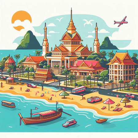 Travel to Thailand. Vector illustration in retro style. Tourist attractions.のイラスト素材