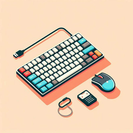 Computer keyboard and mouse. Vector illustration in flat style. Isometric view.のイラスト素材