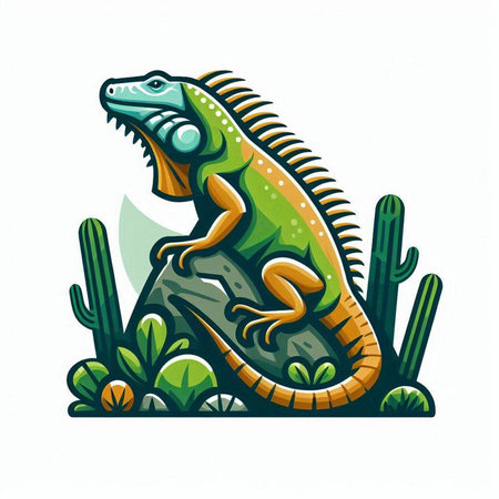 Vector illustration of a green iguana on a background of cactiのイラスト素材