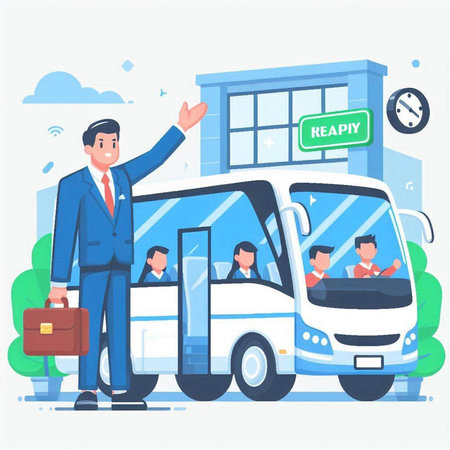 Businessman in front of bus. Vector illustration in flat style.のイラスト素材