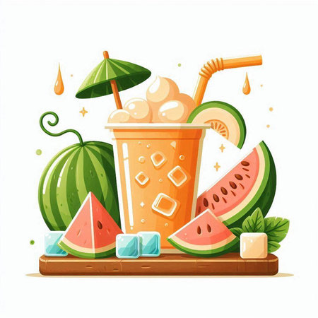 Fruit smoothie with watermelon, ice cubes and mint leaves. Vector illustration.のイラスト素材