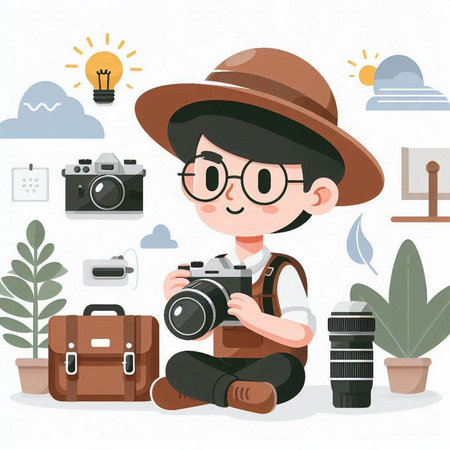 Photographer man with a camera. Vector illustration in flat style.のイラスト素材