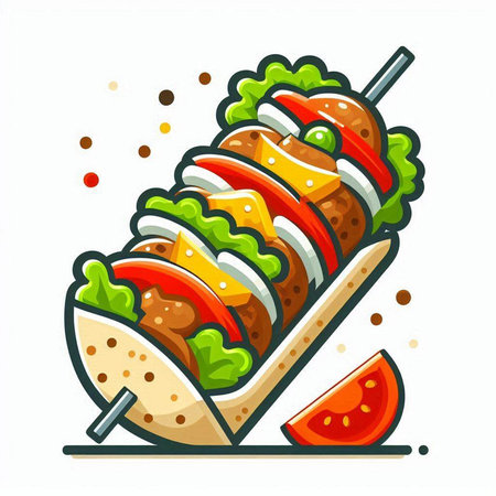 Illustration of kebab on skewers with vegetables. Vector illustration.のイラスト素材