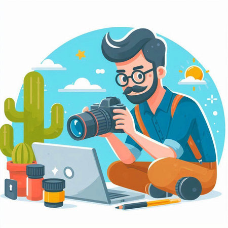 Hipster photographer with camera and laptop. Vector illustration in cartoon styleのイラスト素材