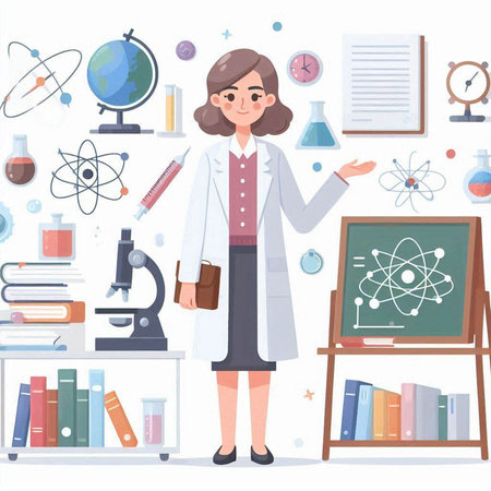 Scientist in laboratory flat vector illustration. Female scientist standing near blackboard, microscope, test tubes, flasks and books. Science and education conceptのイラスト素材