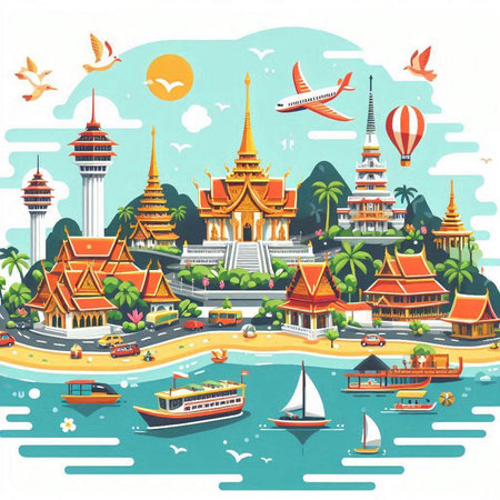Thailand travel concept with landmarks and boats. Vector illustration in flat styleのイラスト素材