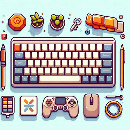 Vector illustration of computer keyboard, mouse, joystick, gamepad and other equipmentのイラスト素材