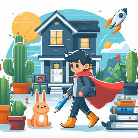 Vector illustration of a boy in a superhero costume on the background of a houseのイラスト素材