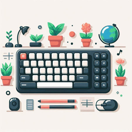 Flat design modern vector illustration concept of office workspace with computer keyboard and mouseのイラスト素材