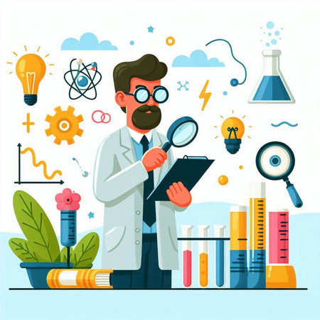Scientist in lab coat with magnifying glass making research. Vector illustrationのイラスト素材