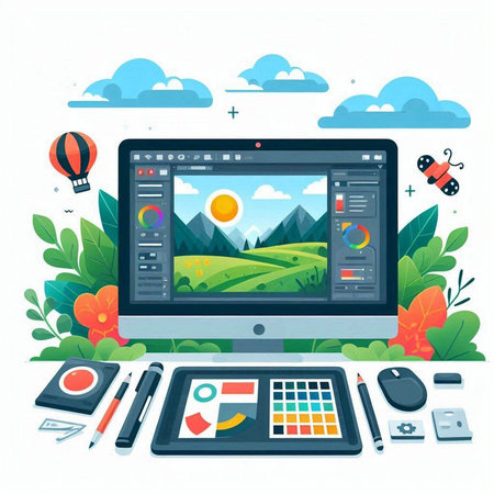 Designer workspace with computer, tablet, graphic tablet, mobile phone and other objects. Vector illustrationのイラスト素材