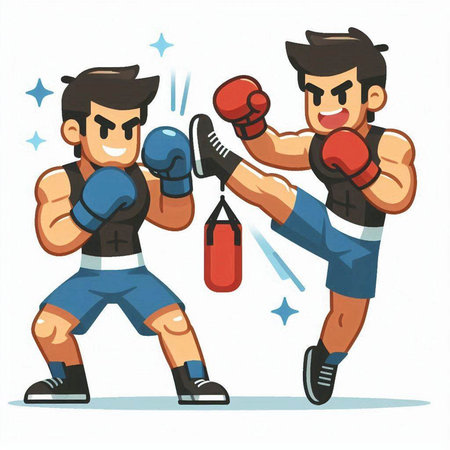 Boxing competition vector illustration in flat cartoon style. Boxer fight with punching bag.のイラスト素材