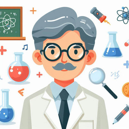 Scientist in white coat and glasses with a mustache. Vector illustration.のイラスト素材