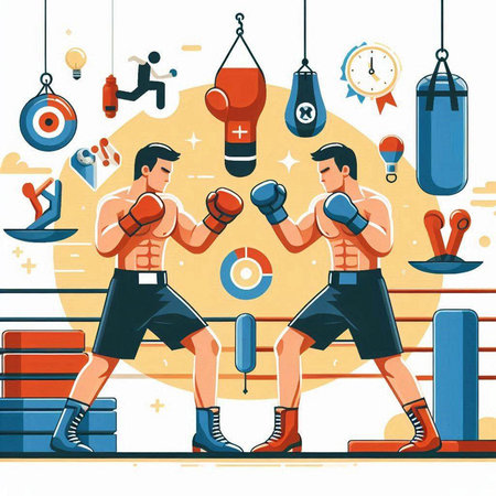 Vector illustration of two male boxers in boxing gloves training in gymのイラスト素材