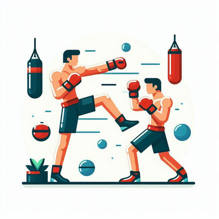 Boxing vector illustration. Flat style. Boxer training. Boxer in boxing gloves.のイラスト素材