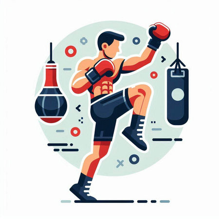 Boxing man training with punching bag. Flat style vector illustration.のイラスト素材