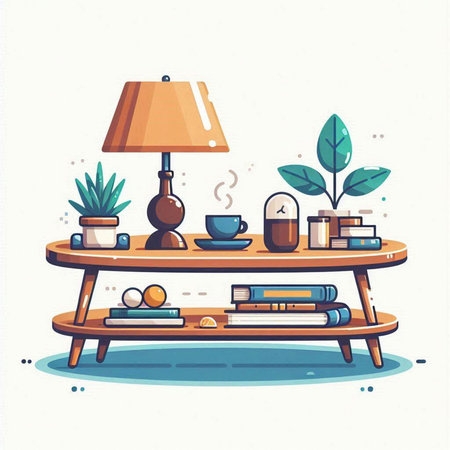 Illustration of cozy home interior with bookshelf, lamp, coffee cup, plants and other items.のイラスト素材