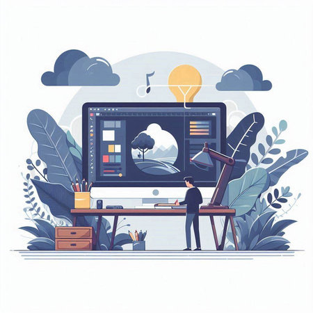 Workplace with computer. Workplace in office. Vector illustration.のイラスト素材