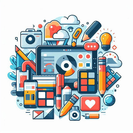 Flat design modern vector illustration concept of graphic design, creative process, web development, social media.のイラスト素材