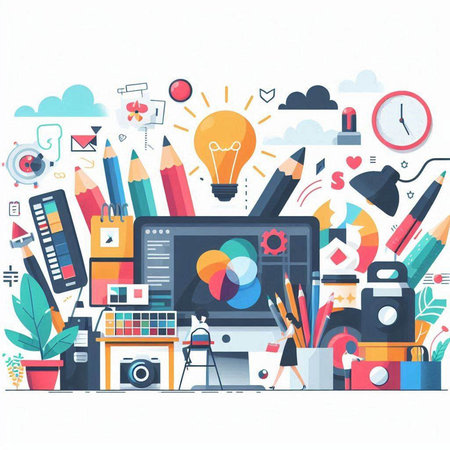 Creative graphic designer workplace with graphic designer equipment. Vector illustration.のイラスト素材