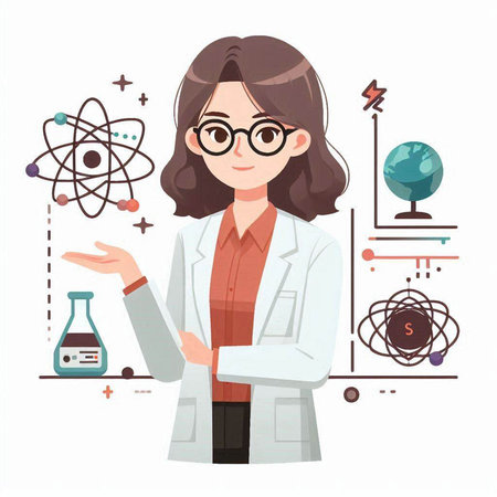 Scientist woman with science icons on white background. Vector illustration.のイラスト素材