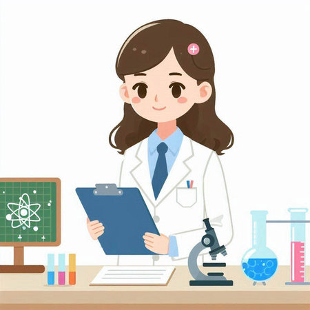 Illustration of a female scientist working at a desk in a laboratoryのイラスト素材