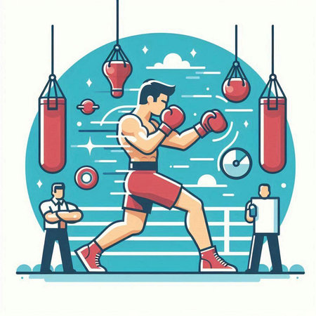Boxing vector illustration in flat style. Boxer training on ring.のイラスト素材