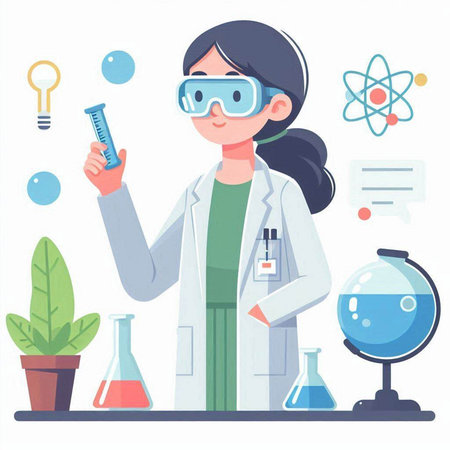 Female scientist in a laboratory. Vector illustration in a flat style.のイラスト素材