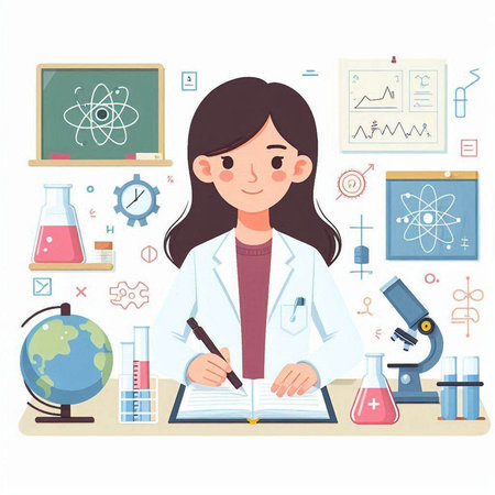 Vector illustration of a girl scientist in a laboratory. Education concept.のイラスト素材