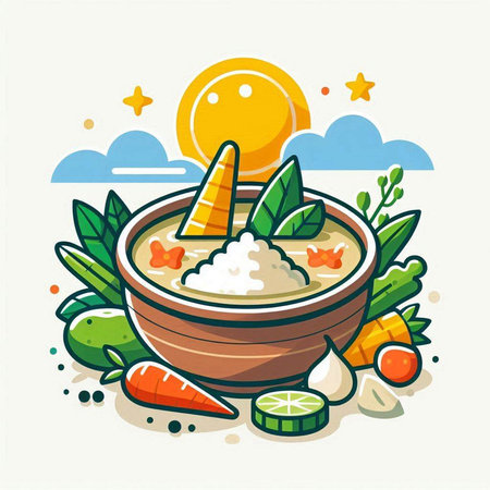 Illustration of a bowl of rice soup with vegetables and sun.のイラスト素材
