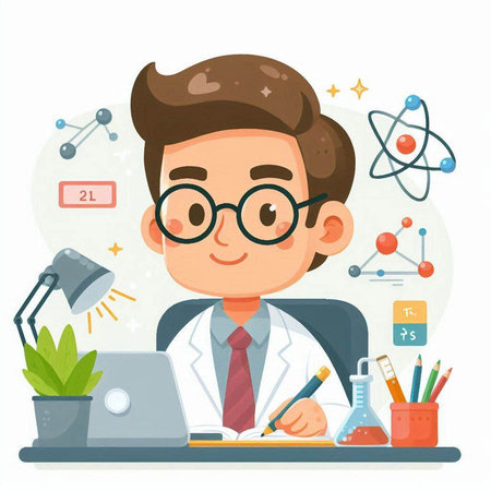 Scientist working in laboratory. Vector illustration in flat cartoon style.のイラスト素材