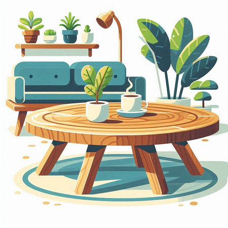 Vector illustration of cozy living room interior with sofa, coffee table and plantsのイラスト素材