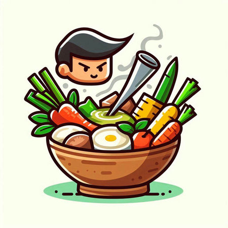 Cartoon vector illustration of a man in a bowl with vegetables.のイラスト素材