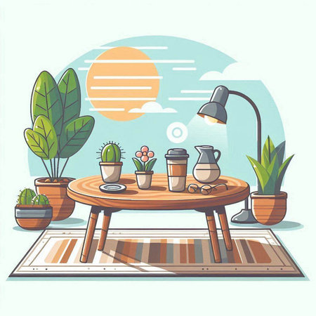 Illustration of a cozy home interior with a table, a lamp and a cactusのイラスト素材