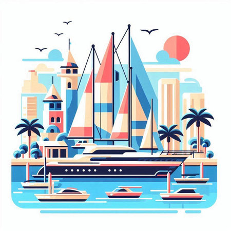 Yachts and boats on the beach. Vector illustration in flat styleのイラスト素材