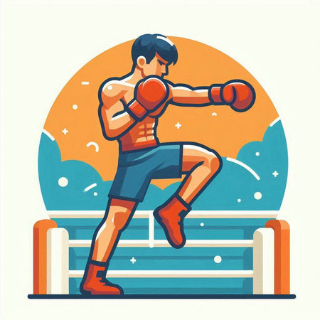 Boxer man training in boxing ring. Vector illustration in flat styleのイラスト素材