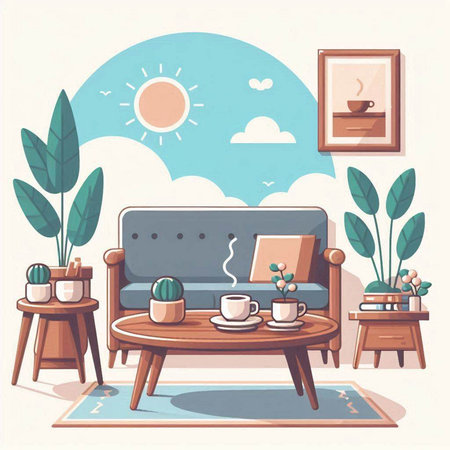 Living room with sofa, coffee table and plants. Vector illustration.のイラスト素材