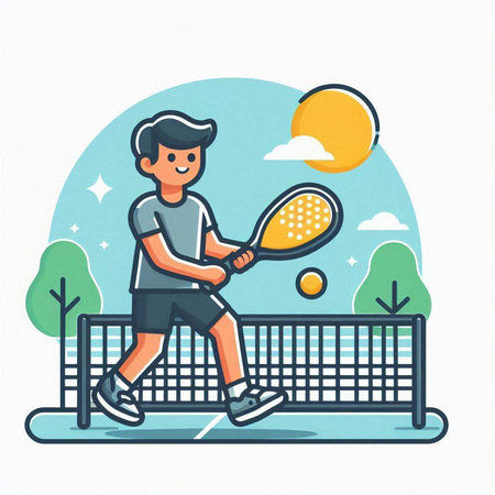 Young man playing tennis on the court. Vector illustration in cartoon style.のイラスト素材