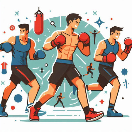 Boxing. Vector illustration of a group of young men boxing.のイラスト素材