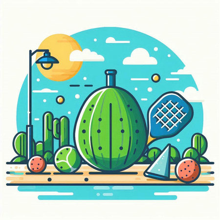 Vector illustration with watermelon, tennis racket, balls and cactus in flat style.のイラスト素材