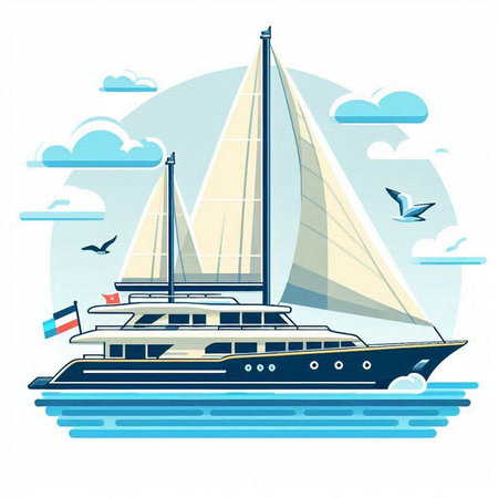 Sailing yacht with seagulls in the sky. Vector illustration.のイラスト素材
