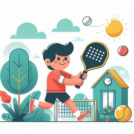 Cute little boy playing tennis. Vector illustration in cartoon style.のイラスト素材